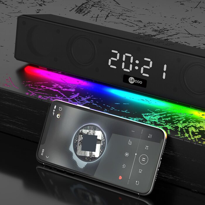 Lecoo DS103 Kablosuz Bluetooth 10W RGB Saat/Alarm Stereo Soundbar Hoparlör Siyah - Görsel 2