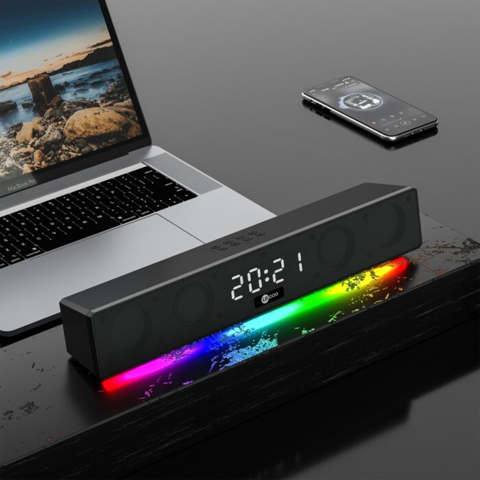 Lecoo DS103 Kablosuz Bluetooth 10W RGB Saat/Alarm Stereo Soundbar Hoparlör Siyah - Görsel 4
