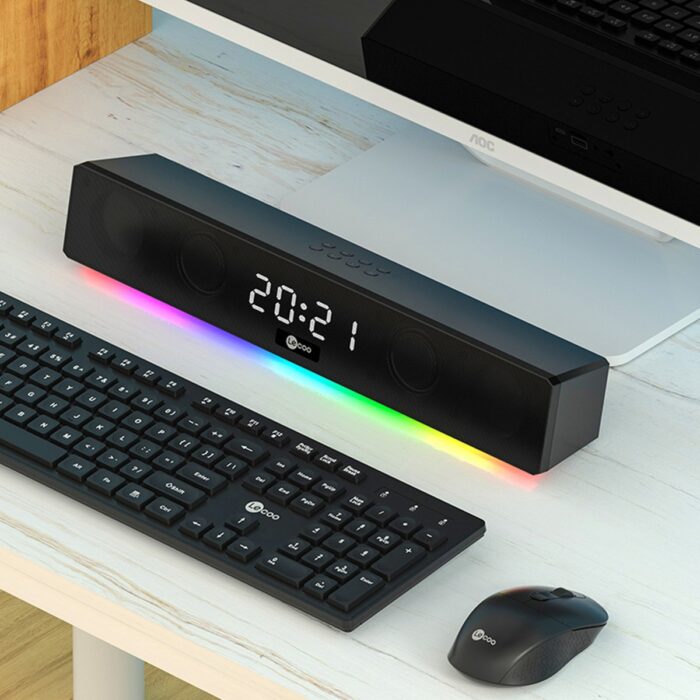 Lecoo DS103 Kablosuz Bluetooth 10W RGB Saat/Alarm Stereo Soundbar Hoparlör Siyah - Görsel 5