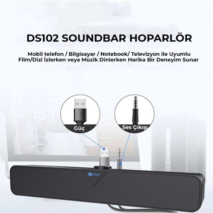 Lecoo DS102 Kablolu USB/AUX 6W Soundbar Taşınabilir Stereo Hoparlör Siyah - Görsel 3