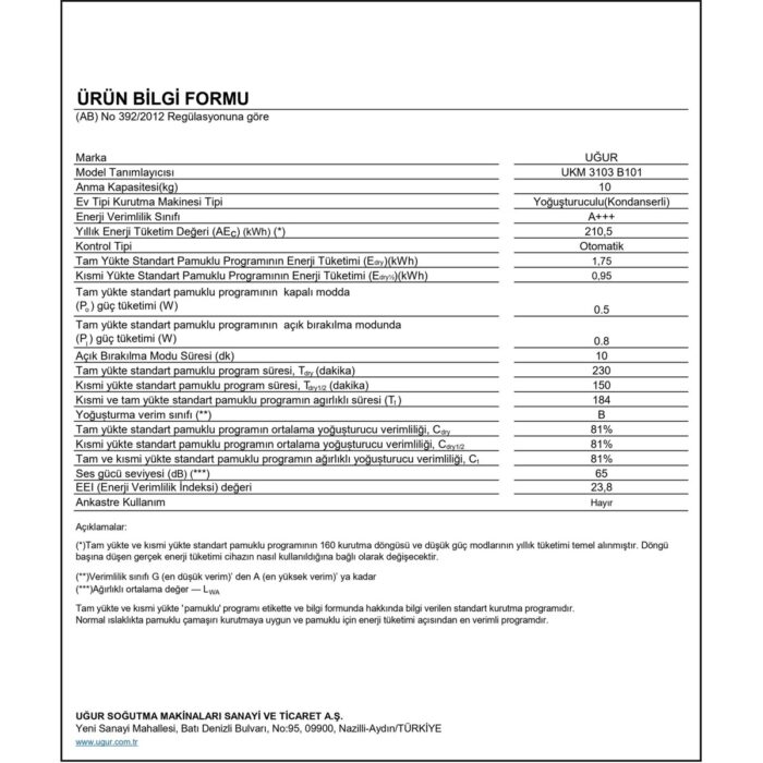 Uğur Ukm 3103 B101 10 kg A+++ Çamaşır Kurutma Makinesi - Görsel 3