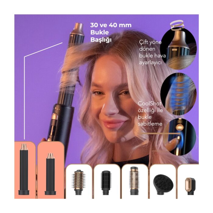 Fabcio Airset 7 Başlıklı Saç Kurutma, Düzleştirici, Bukle ve Şekillendirici Set (Siyah/gold) - Görsel 2