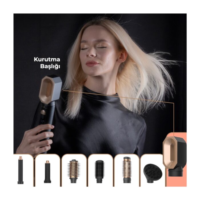 Fabcio Airset 7 Başlıklı Saç Kurutma, Düzleştirici, Bukle ve Şekillendirici Set (Siyah/gold) - Görsel 5