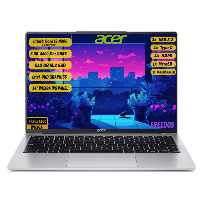 110000903009314.jpg Acer Aspire Intel Core i3-N300 8 GB 512 GB SSD Freedos 14" WUXGA IPS Taşınabilir Bilgisayar NX.KS9EY.002 - Görsel 1