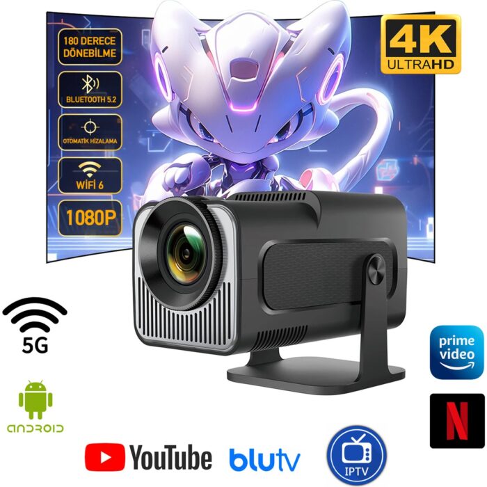 110000911973463.jpg Robeve Mini Projektör | Android Tv Android Kurulu Full Hd Projeksiyon Projektör Wi-Fi ve Bluetooth Destekli | Sinema Keyfi | Taşınabilir ve Şık Tasarım 4K Projektör 4K Projeksiyon Cihazı - Görsel 1