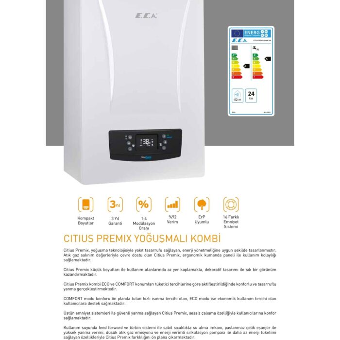 E.C.A Eca Citius Premix 24KW Erp Yoğuşmalı Hermetik Kombi+Baca Kiti - Görsel 3