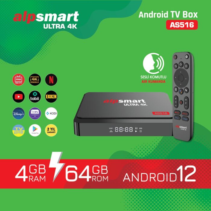 Alpsmart AS516 Android Tv Box Ses Komutlu BT Air Kumanda 4 GB Ram 64 GB Hafıza Android 12 - Görsel 2