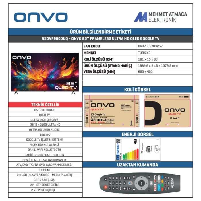 Onvo 85OVF9000UQ 85" 216 Ekran Uydu Alıcılı 4K Ultra HD Google Smart QLED TV - Görsel 3