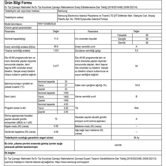 Samsung WW11DG6B25LBAH 11 kg 1400 Devir Siyah Çamaşır Makinesi - Görsel 5