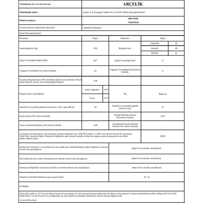 Arçelik 1001 Kmx Kurutma Makinesi - Görsel 3