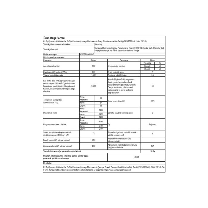 Samsung WW11BGA046AEAH 11 Kg 1400 devir Çamaşır Makinesi - Görsel 4