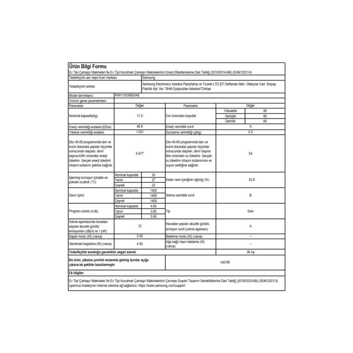 Samsung WW11DG5B25AEAH A Enerji Sınıfı 11 kg 1400 Devir Çamaşır Makinesi - Görsel 2