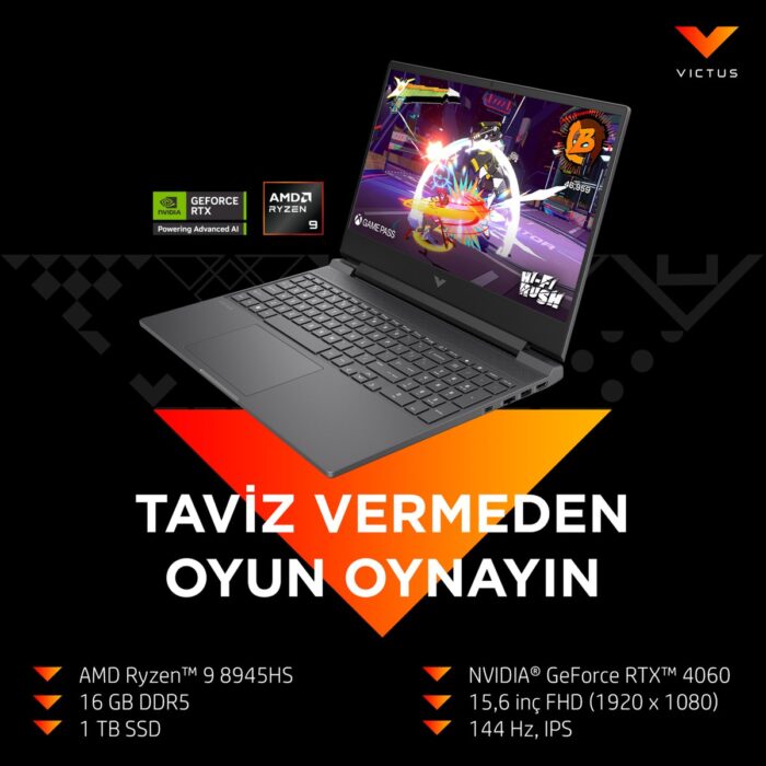 HP Victus 15-FB3006NT AMD Ryzen 9 8945HS 16GB 1TB SSD RTX4060 Freedos 15.6" Taşınabilir Bilgisayar B82WCEA - Görsel 3