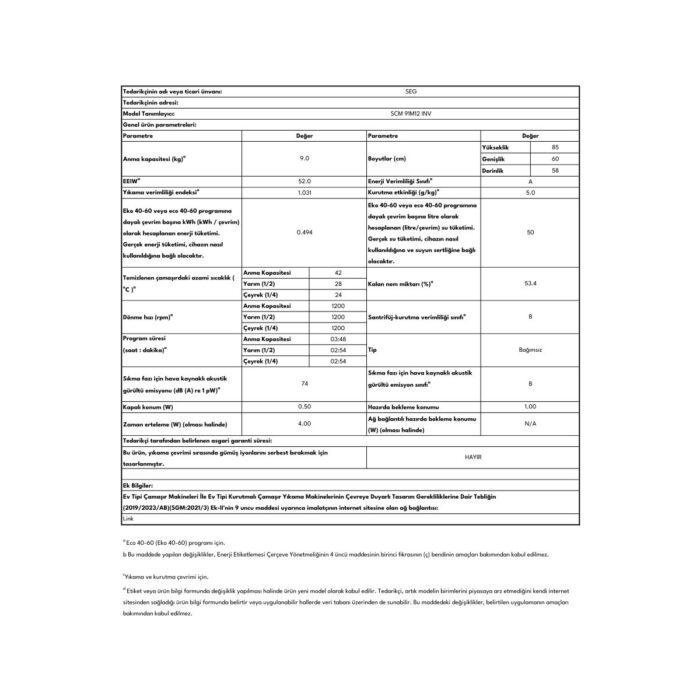 SEG Scm 91M12 Inv Çamaşır Makinesi 9 Kg 1200 Devir Inverter - Görsel 5