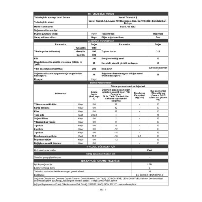 Seg Lfw Low Frost E 3252 Buzdolabı - Görsel 4
