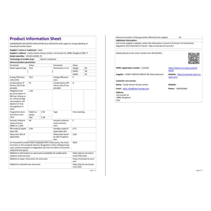 Haier HD100-A2959E-TR 10 kg Wi-Fi  Bağlantılı Isı Pompalı Kurutma Makinesi - Görsel 5