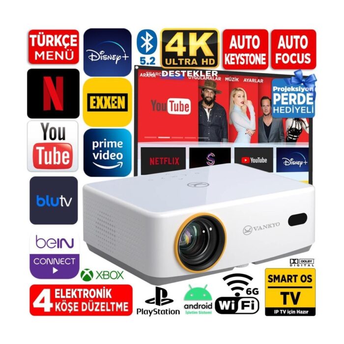 Vankyo Leisure L570B Smarttv 4K Destekli Projeksiyon Cihazı +Auto Focus+Auto Keystone+6g Wifi+5.2 BLUETOOTH+300 Inç Yansıtma+Dolby Premium Ses Sistemi Beyaz Ps5/ps4/xbox - Görsel 1