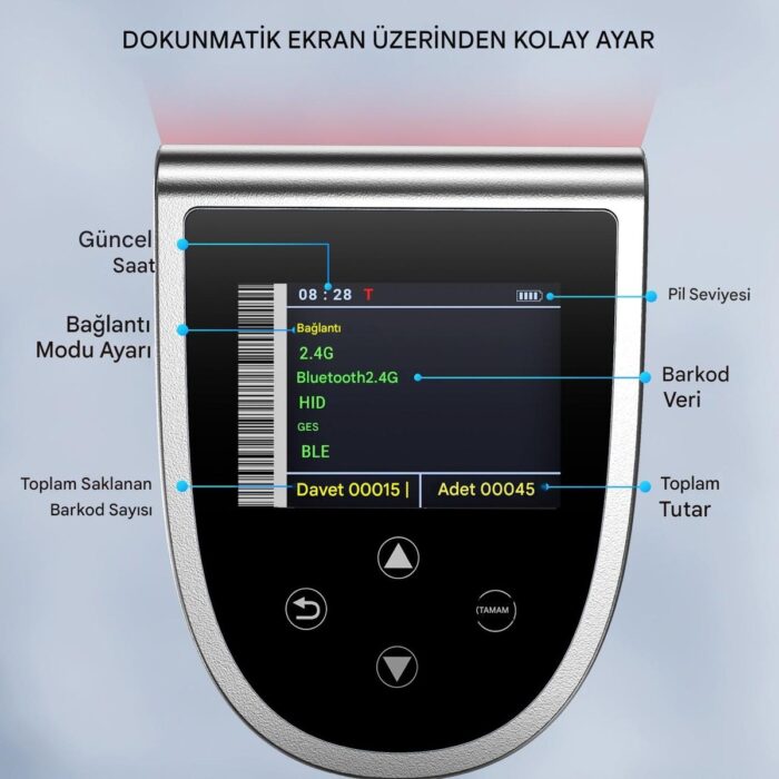 Tera HW0015 Kablosuz 1d 2d Qr Barkod Okuyucu | Ekranlı & Programlanabilir | Bluetooth + 2.4g + USB Bağlantı | Şarj Standlı El Tipi Tarayıcı - Görsel 3