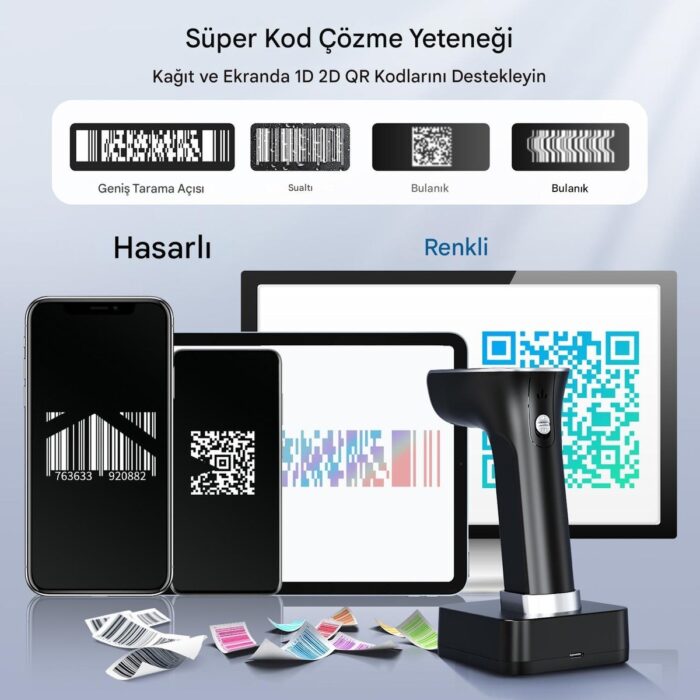 Tera HW0015 Kablosuz 1d 2d Qr Barkod Okuyucu | Ekranlı & Programlanabilir | Bluetooth + 2.4g + USB Bağlantı | Şarj Standlı El Tipi Tarayıcı - Görsel 5