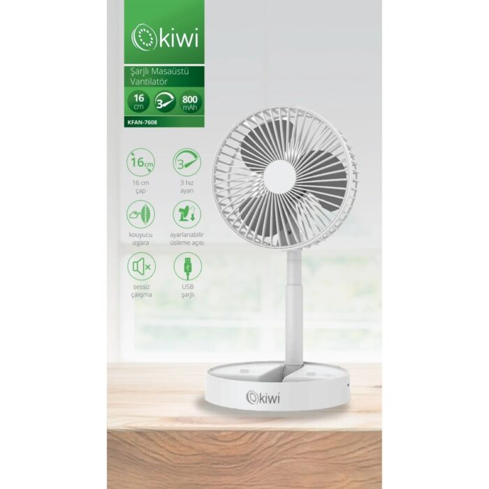 Kiwi KFAN-7608 Şarjlı Beyaz Ayarlanılabilir Mini Fan Masa Üstü Vantilatörü USB Soğutucu Sessiz El Fanı - Görsel 2