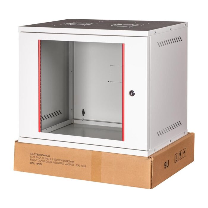 Lande - 9u 19" Cam Kapaklı Duvar Tipi Rack Kabinet – Genişlik: 544 mm | Derinlik: 400 mm – Açık Gri (Demonte) - Görsel 1