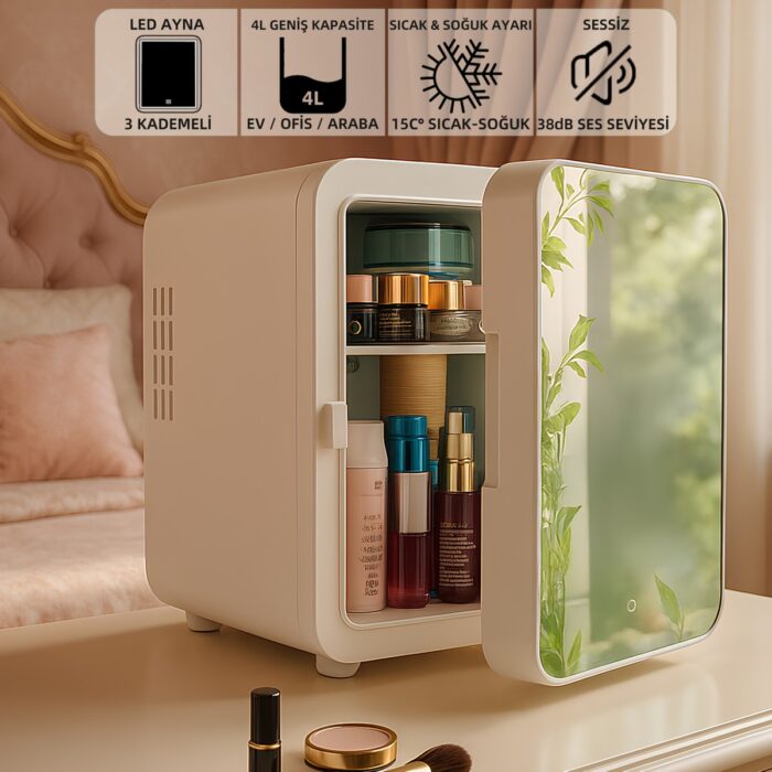 110001035180714.jpg Mioji Mio 212 4L LED Işıklı Kozmetik Makyaj Krem Sıcak ve Soğuk Ayarlı Taşınabilir Fridge Mini Dolap - Görsel 1