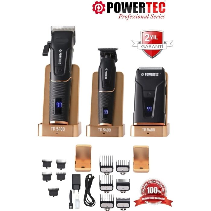 Powertec TR-5400 Saç Sakal & Günlük Tıraş & Ense Çizim Profesyonel Berber Tıraş Makinesi 3'lü set - Görsel 1