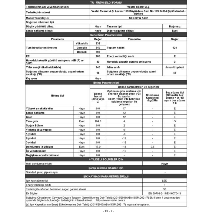 Seg Stw 1402 E Statik Buzdolabı - Görsel 4