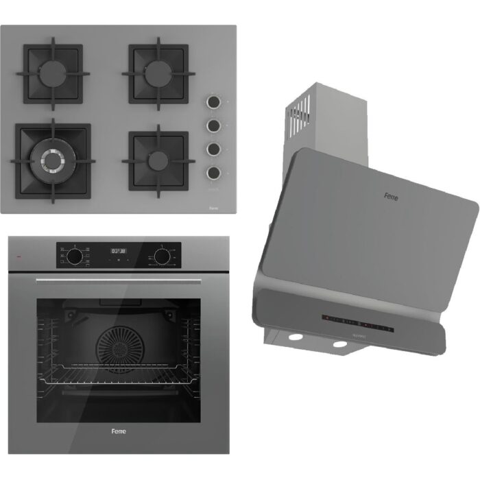 Ferre Flowart-Sılentart Serisi Gri Set (SC408-WFA + QBL63CPR +D082-SA) - Döküm Izgara / 65 cm Ocak - Görsel 1