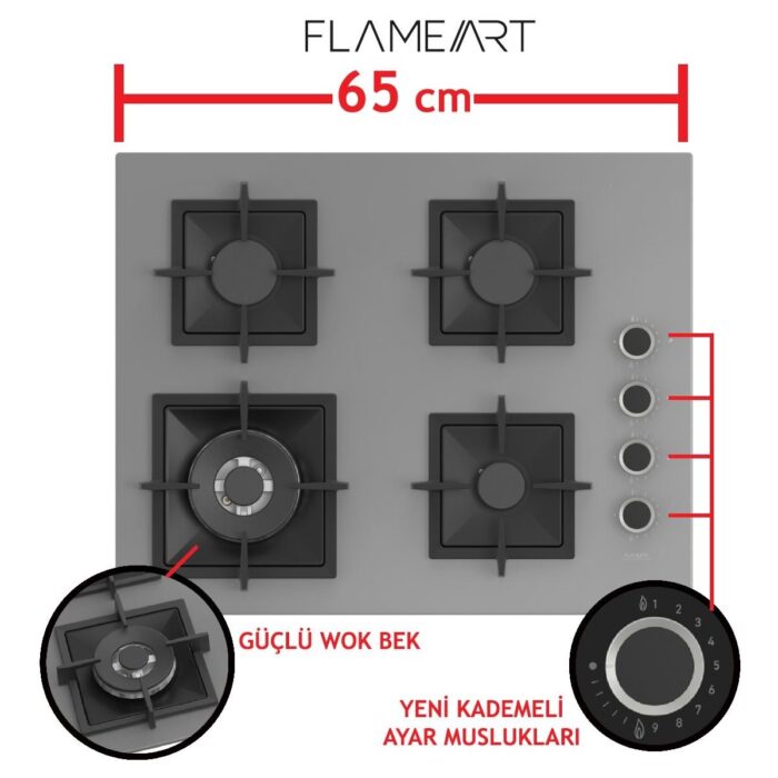 Ferre Flowart-Sılentart Serisi Gri Set (SC408-WFA + QBL63CPR +D082-SA) - Döküm Izgara / 65 cm Ocak - Görsel 3