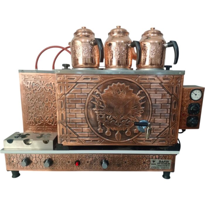 110001049472524.jpg Safir Çay Kazanları 3 Demlikli Bakır Çay Kazanı Elektrik +Tüplü Tam Otomatik Çay Ocağı Osmanlı Tuğra Model Çay Semaveri - Görsel 1