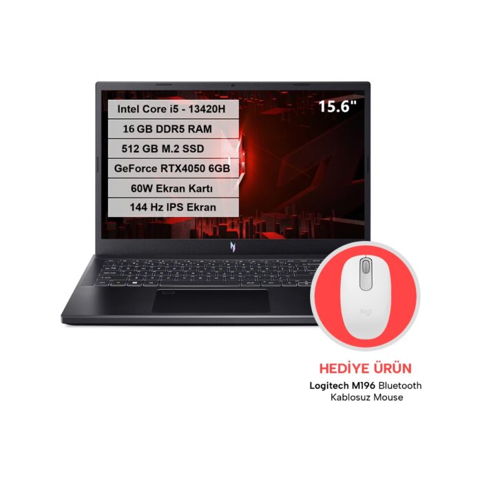 Acer Nitro V 15 Intel Core I5 13420H 16GB Ddr5 512GB M.2 SSD Rtx 4050-6GB 60W Freedos 15.6" Fhd IPS 144Hz Taşınabilir Bilgisayar NH.QNBEY.001-1 - Görsel 1