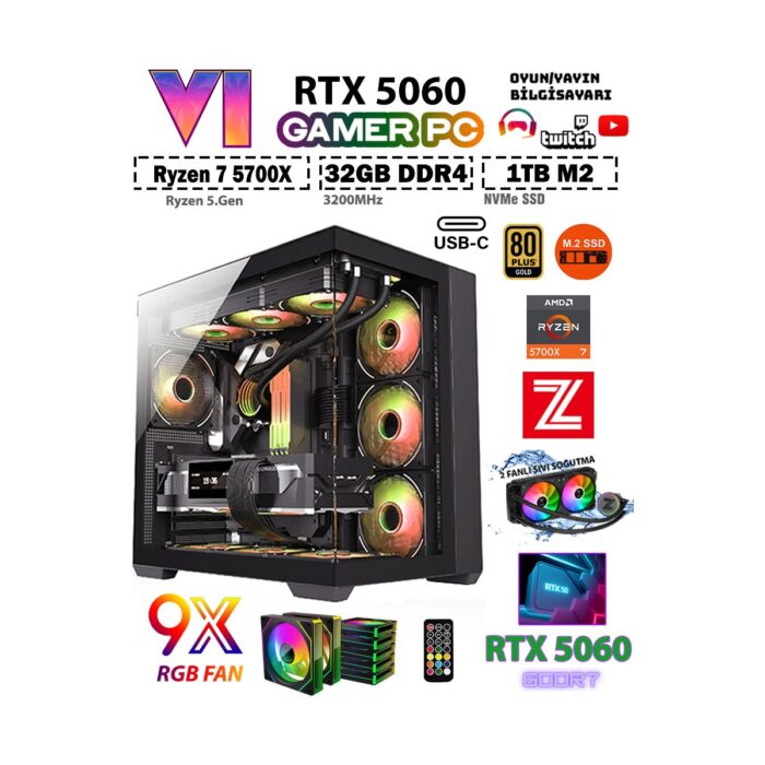 Zeiron GTA-VI X32 Black ✔ Ryzen 7 5700X 32GB Ram 1TB M.2 Nvme SSD 8GB GDDR7 RTX5060 Ekran Kartı Premium Masaüstü Bilgisayar - Görsel 1