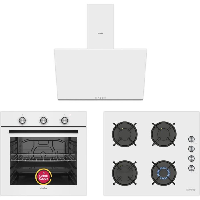 Simfer 4 Fonksiyon Trend Mekanik Beyaz Cam 3'lü Ankastre Set (Fırın + Ocak + Davlumbaz) - Görsel 2