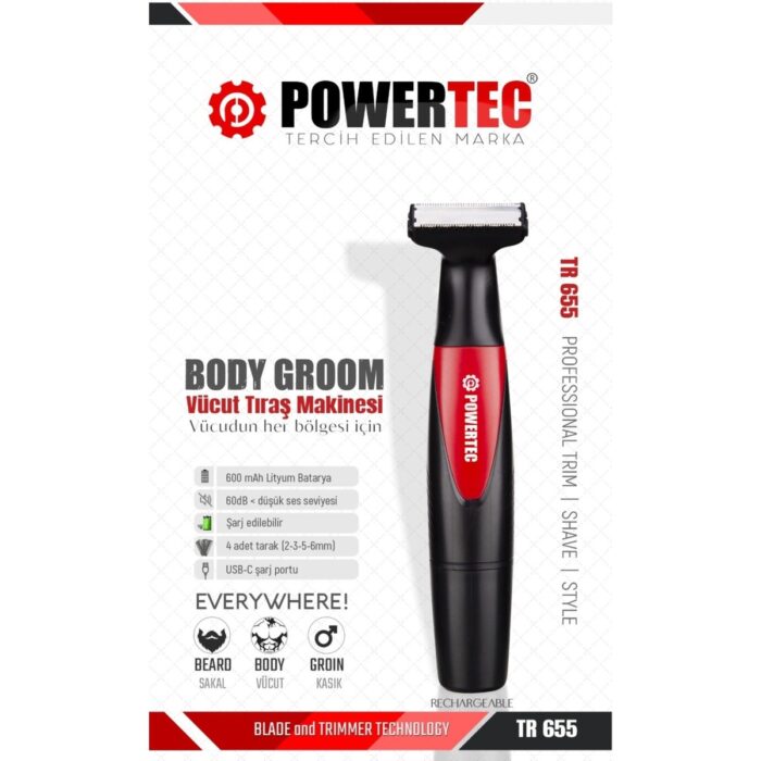110001074366399.jpg Powertec Tr-655 Vücut Tıraş Makinesi (Body Groom) Çift Bıçak - Sıfıra Yakın Kesim - Görsel 1