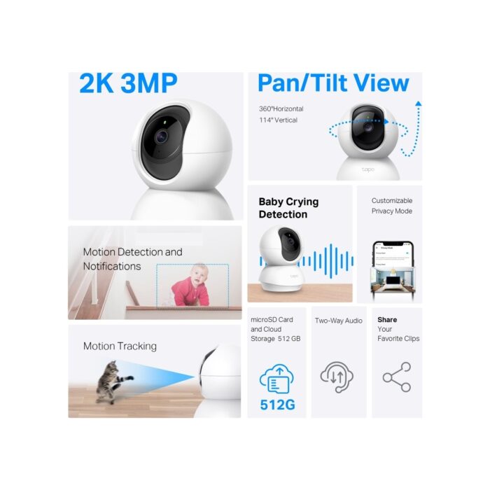 TP-Link Tapo C210 | Akıllı Wi-Fi Güvenlik Kamerası | 2K 3MP | 360° Hareket Takibi | 9m Gece Görüşü | Çift Yönlü Ses | Sesli Alarm | Bebek Ağlaması Tespiti | Bulut/SD Kart Depolama | Anlık Uyarılar - Görsel 2
