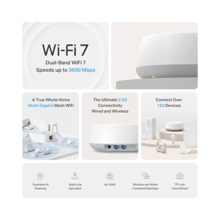 TP-Link Deco BE25 (1-Pack) | Wi-Fi 7 Mesh Sistemi | BE3600 Mbps Hız | Fiber Uyumlu | Çift Bant | AI-Roaming | 2.5 Gbps Port | 200 Cihaz | WPA3 | VPN | Mobil Uygulama ile Kolay Kurulum - Görsel 3