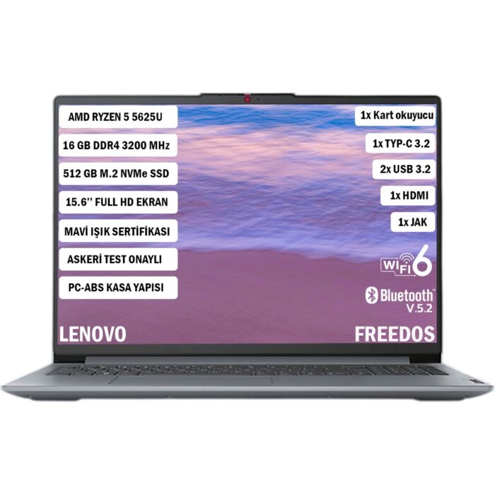 110001081653897.jpg Lenovo Ideapad Slim 3 AMD Ryzen 5 5625U 16GB 512GB SSD Freedos 15.6" FHD Taşınabilir Bilgisayar 82XM00PWTX - Görsel 1