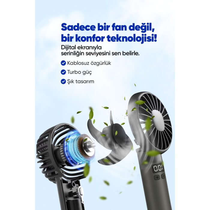 Moen Taşınılabilir Şarjlı El Fanı - Turbo Üfleme Teknolojisi , LCD Kademe Ayarlama , Yüksek Dayanıklılık - Görsel 4