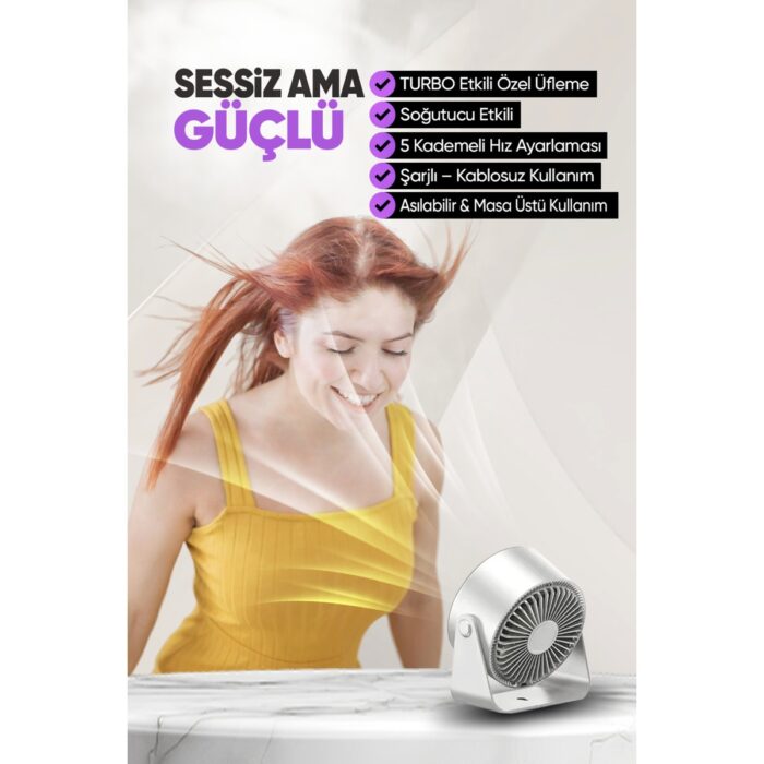 Moen Şarjlı Turbo Masa Fanı Duvara Monte Edilebilir, Yüksek Üfleme Gücü, 5 Kademe Ayarlanabilir Hız - Görsel 3