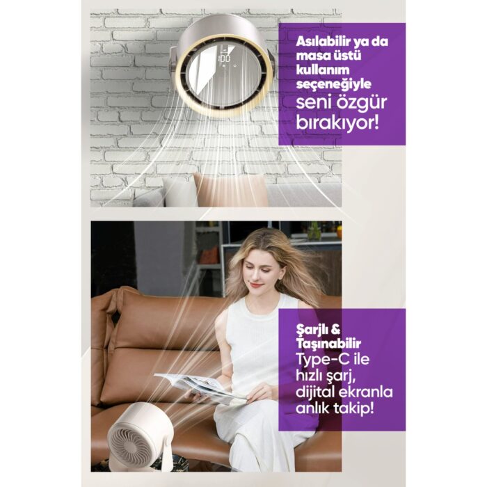 Moen Şarjlı Turbo Masa Fanı Duvara Monte Edilebilir, Yüksek Üfleme Gücü, 5 Kademe Ayarlanabilir Hız - Görsel 5