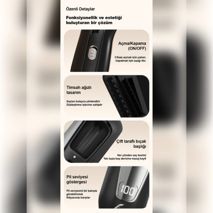 VeryFit 2 In 1 Negatif Iyon Teknolojili Saç Kırık Alma Makinesi LCD Ekran ( Şarjlı Kablosuz Stantlı ) - Görsel 3