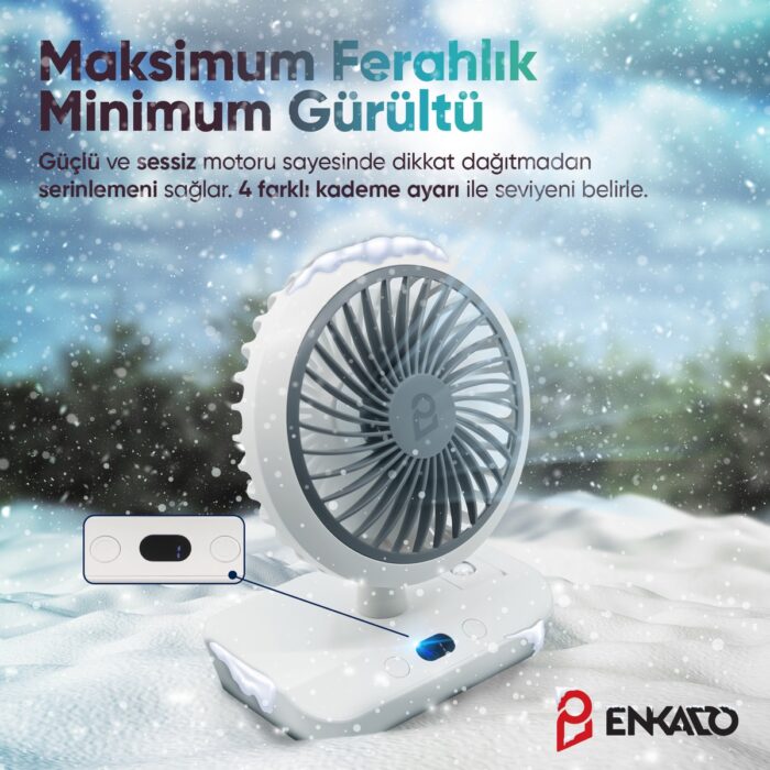 Enkado Taşınabilir Şarjlı Sessiz Mini Vantilatör 4 Kademe Hız LED Ekran Döner Başlıklı Masaüstü Fan Soğutucu - Görsel 2