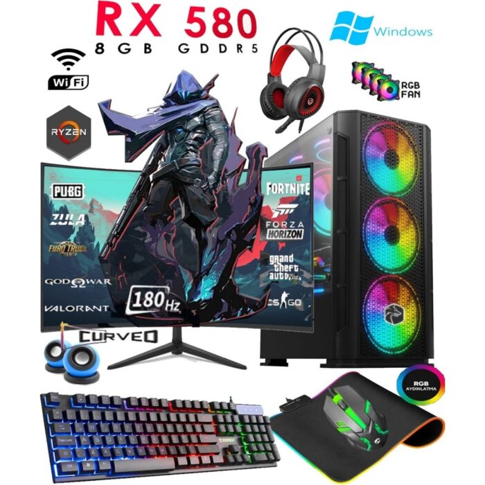 Teknocity TC80 Ryzen 5 5500 16GB Ram 512GB SSD RX580 8gb 24'' 180hz Curved Oyuncu Masaüstü Bilgisayarı - Görsel 1