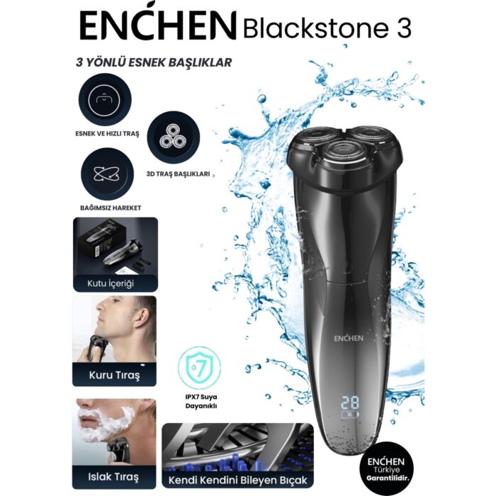110001094045364.jpg Enchen Blackstone 3 Siyah Şarj Edilebilir Islak Kuru Çift Kullanımlı Elektrikli Traş Makinesi - Görsel 1
