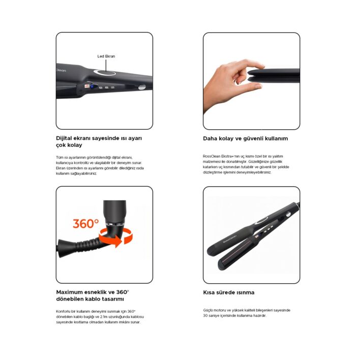 RossClean Favored Extra+ Negatif Iyon ve Kızılötesi LED Ekranlı Saç Düzleştirici - Görsel 3