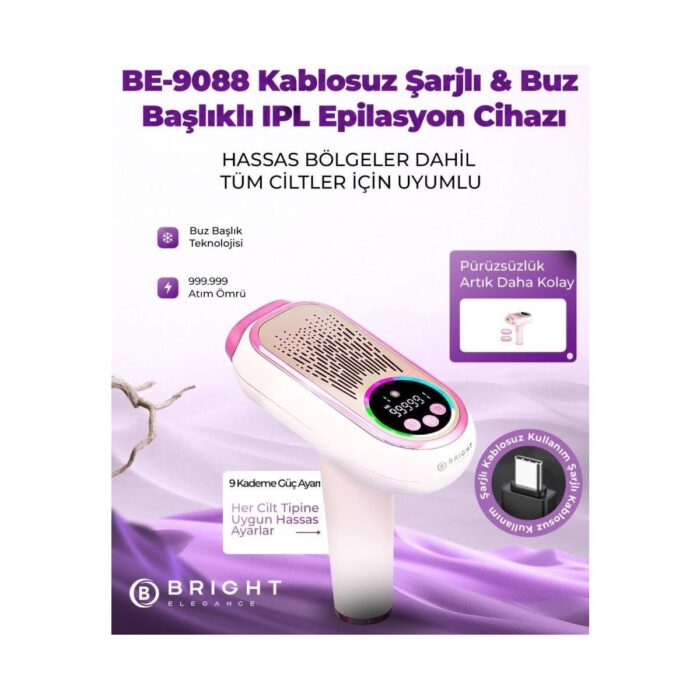 Bright Elegance BE-9088 Şarjlı Ipl Lazer Epilasyon Cihazı 999.999 Atım 9 Kademe Buz Başlık Hassas Dar Bölge Başlığı - Görsel 2