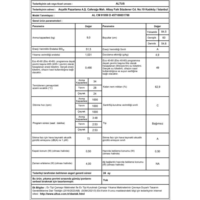 Altus Al cm 91050 D 9 KG1000 Devir Çamaşır Makinesi - Görsel 5