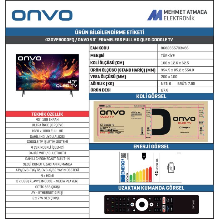Onvo 43OVF9000FQ 43'' 109 Ekran Uydu Alıcılı Full Hd Google Smart QLED TV - Görsel 2