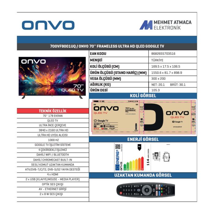 Onvo 70OVF9001UQ 70" 178 Ekran Uydu Alıcılı 4K Ultra HD Google Smart QLED TV - Görsel 2